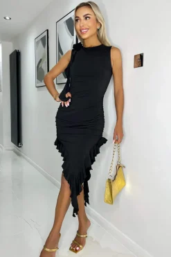 Black Ruched Asymmetrical Frill Midi Dress With Flower Detail