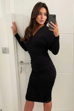 Black Ruched Wrap Top Midi Dress