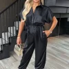 Black Satin Button Front Collared Tie Waist Jumpsuit
