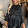 Black Satin Long Sleeve Gold Detail Belt Top