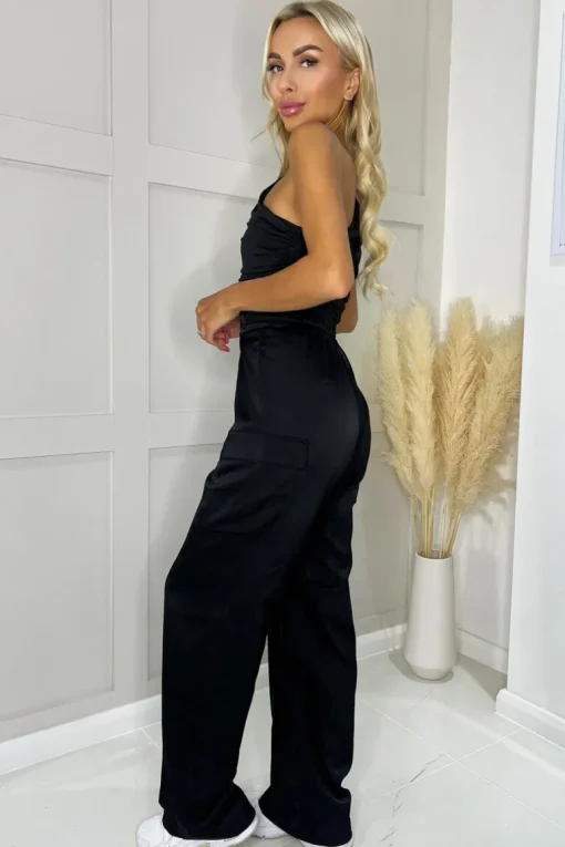 Black Satin Straight Leg Cargo Pants