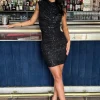 Black Sequin High Neck Ruched Bodycon Mini Dress