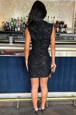 Black Sequin High Neck Ruched Bodycon Mini Dress