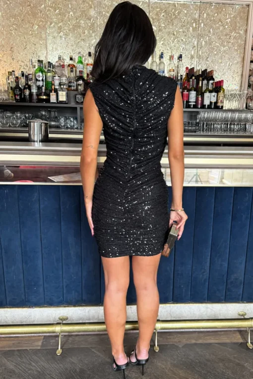 Black Sequin High Neck Ruched Bodycon Mini Dress