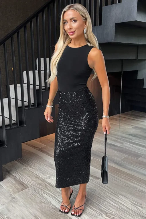Black Sequin High Waist Midi Skirt