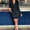 Black Sequin Long Sleeve Wrap top Ruched Mini Dress