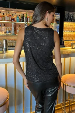 Black Sequin Round Neck Sleeveless Top
