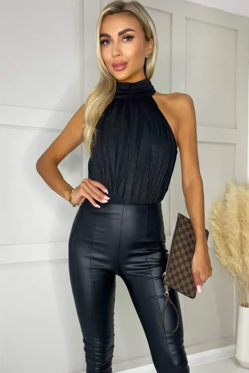 Black Shimmer Halterneck Bodysuit
