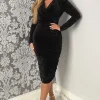 Black Shimmer Long Sleeve Wrap Top Ruched Midi Bodycon Dress