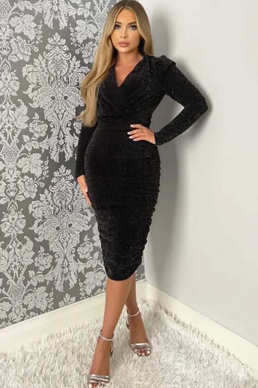 Black Shimmer Long Sleeve Wrap Top Ruched Midi Bodycon Dress