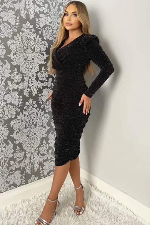 Black Shimmer Long Sleeve Wrap Top Ruched Midi Bodycon Dress
