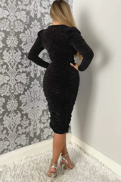 Black Shimmer Long Sleeve Wrap Top Ruched Midi Bodycon Dress