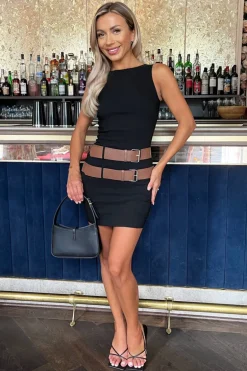 Black Sleeveless Double Belt Detail Bodycon Midi Dress