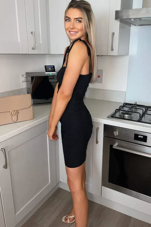 Black Slinky Tie Strap Ruched Bodycon Dress