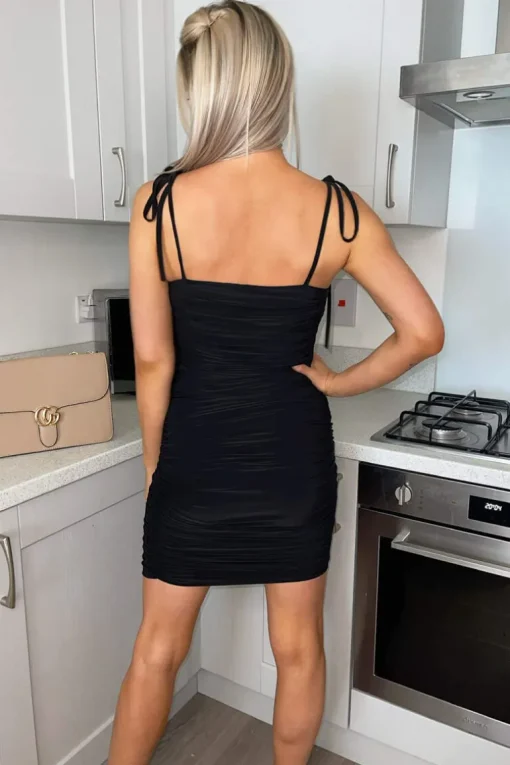 Black Slinky Tie Strap Ruched Bodycon Dress
