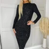 Black Sparkle And Sequin Long Sleeve Ruched Bodycon Midi Dress