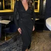 Black Sparkle and Sequin Long Sleeve Wrap Midi Dress