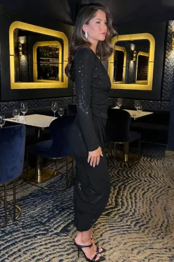 Black Sparkle and Sequin Long Sleeve Wrap Midi Dress