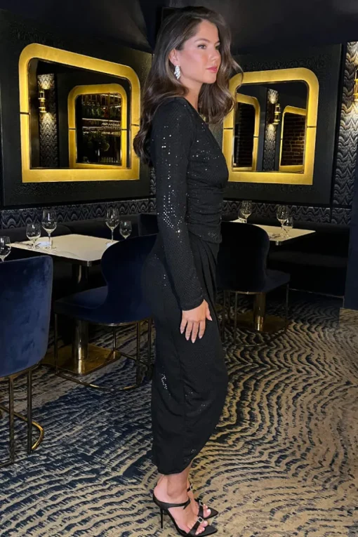 Black Sparkle and Sequin Long Sleeve Wrap Midi Dress