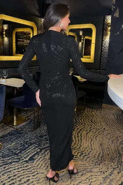 Black Sparkle and Sequin Long Sleeve Wrap Midi Dress