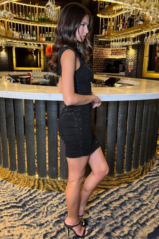 Black Sparkle and Sequin Ruched Skirt Bodycon Mini Dress