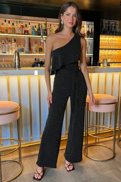 Black Sparkle One Shoulder Frill Belted Jumpsuit