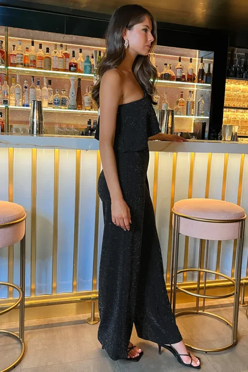 Black Sparkle One Shoulder Frill Belted Jumpsuit