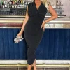 Black Sparkle Wrap Top Ruched Skirt Midi Dress