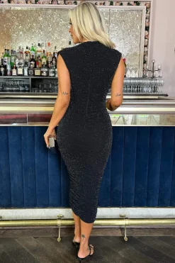 Black Sparkle Wrap Top Ruched Skirt Midi Dress