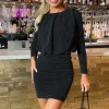 Black Sparkly Long Sleeve Ruched Mini Dress