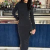 Black Sparkly Long Sleeve Ruched Bodycon Midi Dress