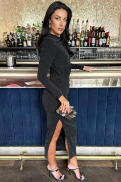 Black Sparkly Long Sleeve Ruched Bodycon Midi Dress