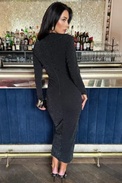 Black Sparkly Long Sleeve Ruched Bodycon Midi Dress
