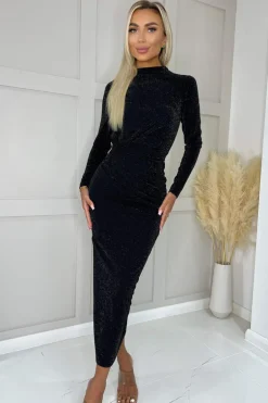 Black Sparkly Long Sleeve Ruched Bodycon Midi Dress