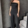 Black Strapless Faux Feather Detail Jumpsuit