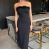 Black Strapless Faux Feather Detail Midi Dress