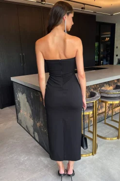 Black Strapless Faux Feather Detail Midi Dress