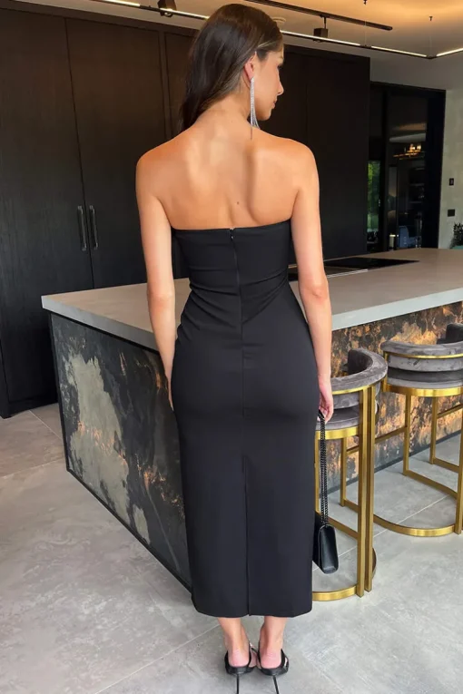 Black Strapless Faux Feather Detail Midi Dress
