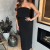 Black Strapless Fold Over Top Detail Midi Dress