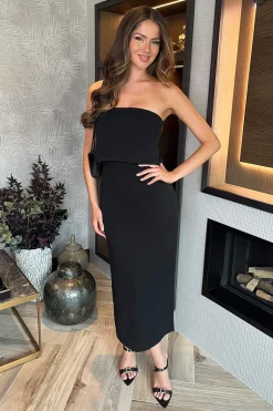 Black Strapless Fold Over Top Detail Midi Dress
