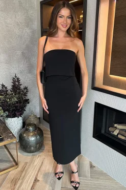 Black Strapless Fold Over Top Detail Midi Dress