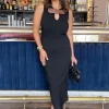Black Stretch Cotton Sleeveless Buckle Belt Top Detail Bodycon Midi Dress
