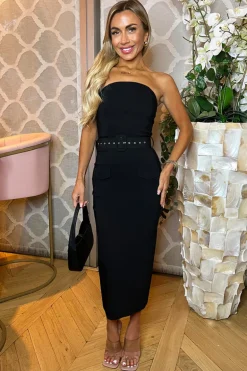 Black Stretch Cotton Strapless Belted Bodycon Midi Dress