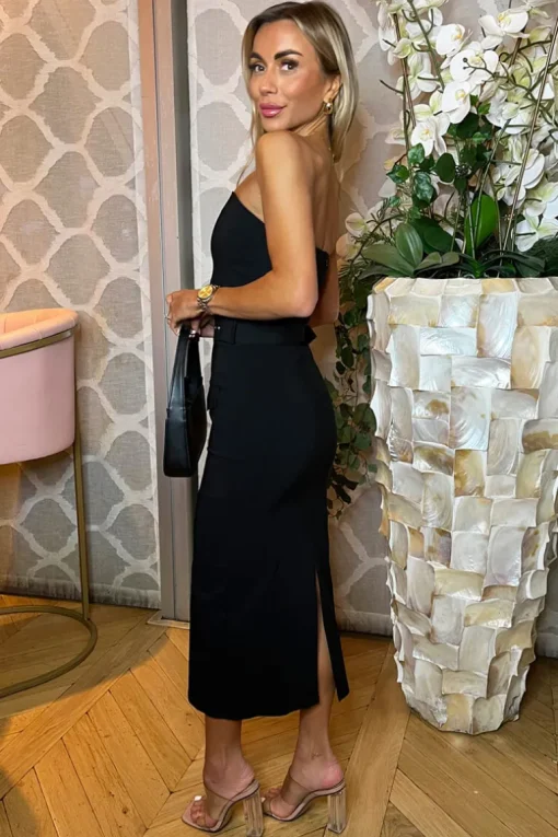 Black Stretch Cotton Strapless Belted Bodycon Midi Dress