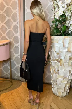 Black Stretch Cotton Strapless Belted Bodycon Midi Dress