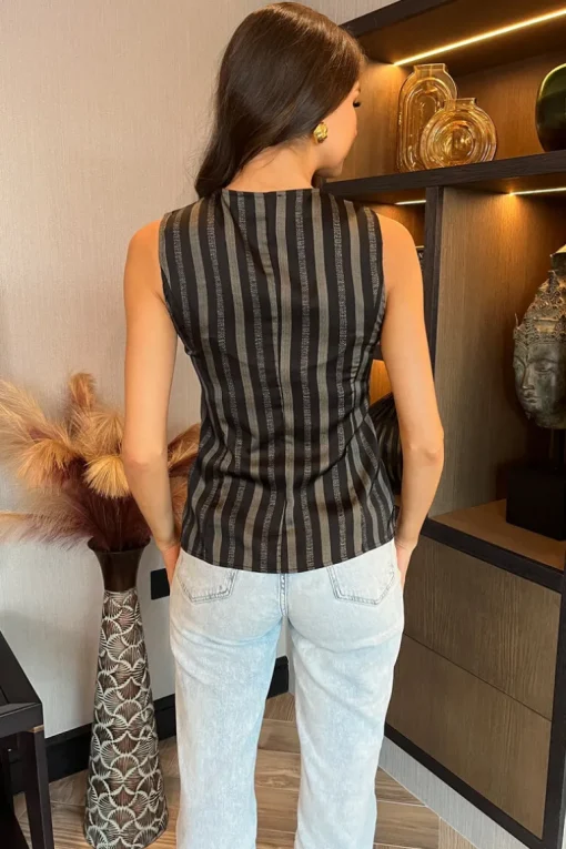 Black Stripe Print Button Front Waistcoat