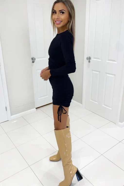 Black Tie Ruched Side Bodycon Dress