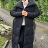 Black Tie Waist Quilted Longline Puffer Coat