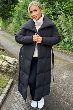 Black Tie Waist Quilted Longline Puffer Coat
