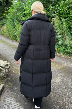 Black Tie Waist Quilted Longline Puffer Coat